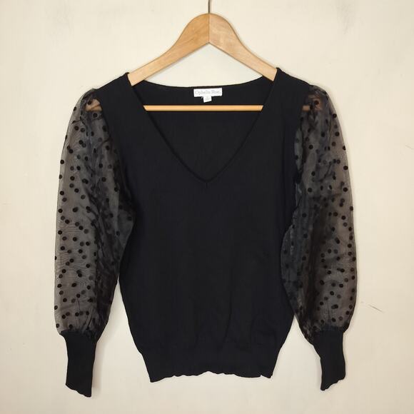 Ophelia Row Sweater Sheer Polka Dot Sleeve V Neck - Picture 1 of 8